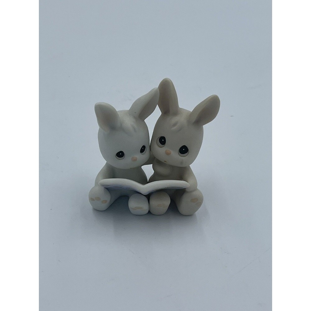 Vintage Enesco Precious Moments 3" Figurine Bed Time Stories Book Bunny Rabbits
